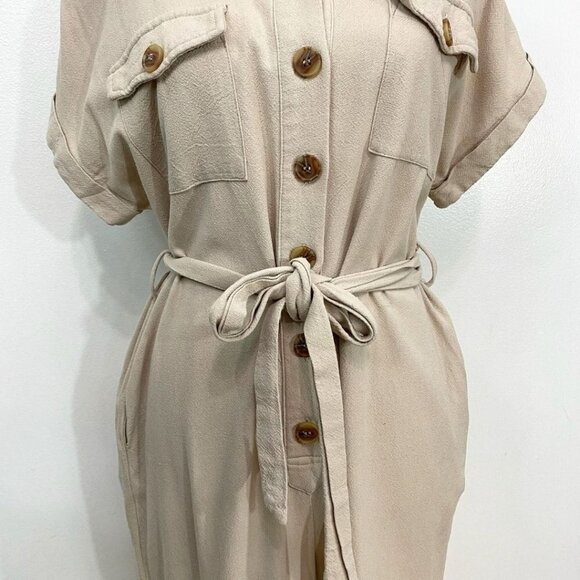 LOST + WANDER LINEN BLEND SAFARI BELTED CROPPED JUMPSUIT IN BEIGE - S - Picture 6 of 10